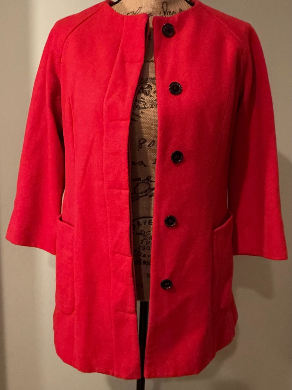Old Navy Red Collarless Wool Blend Coat Size XS Three-Quarter Sleeve